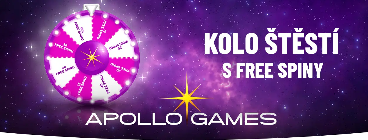 Apollo Games – kolo štěstí s free spiny pro hráče. Kolo štěstí Apollo Games s možností výhry free spinů na fialovém vesmírném pozadí.